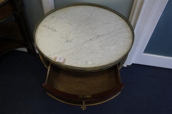 A Louis XVI style brass mounted mahogany bouillotte table, in the manner Adam Weisweiler, W.2ft 4in.